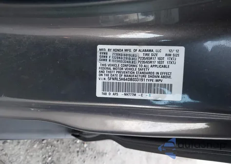 2013 Honda Odyssey Ex-L z USA, uszkodzony, nr VIN 5FNRL5H64DB033191